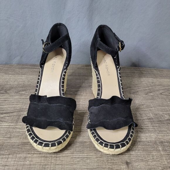 Marc Fisher Kickoff Black Suede Espradille Wedge Heels Size 6M‎ - Picture 1 of 7